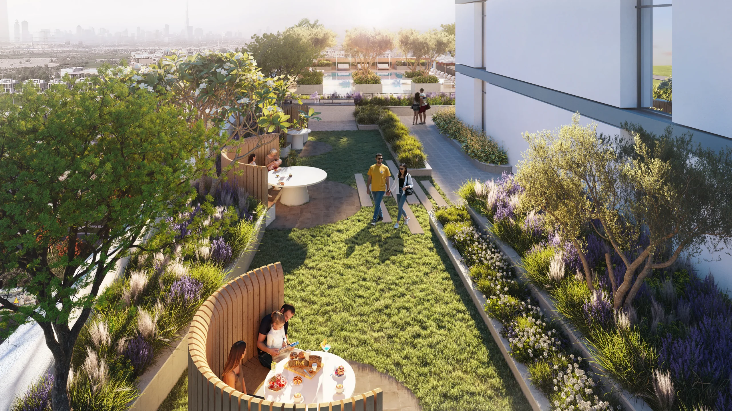 Landscaped pocket garden exterior at a LEOS Dubai development