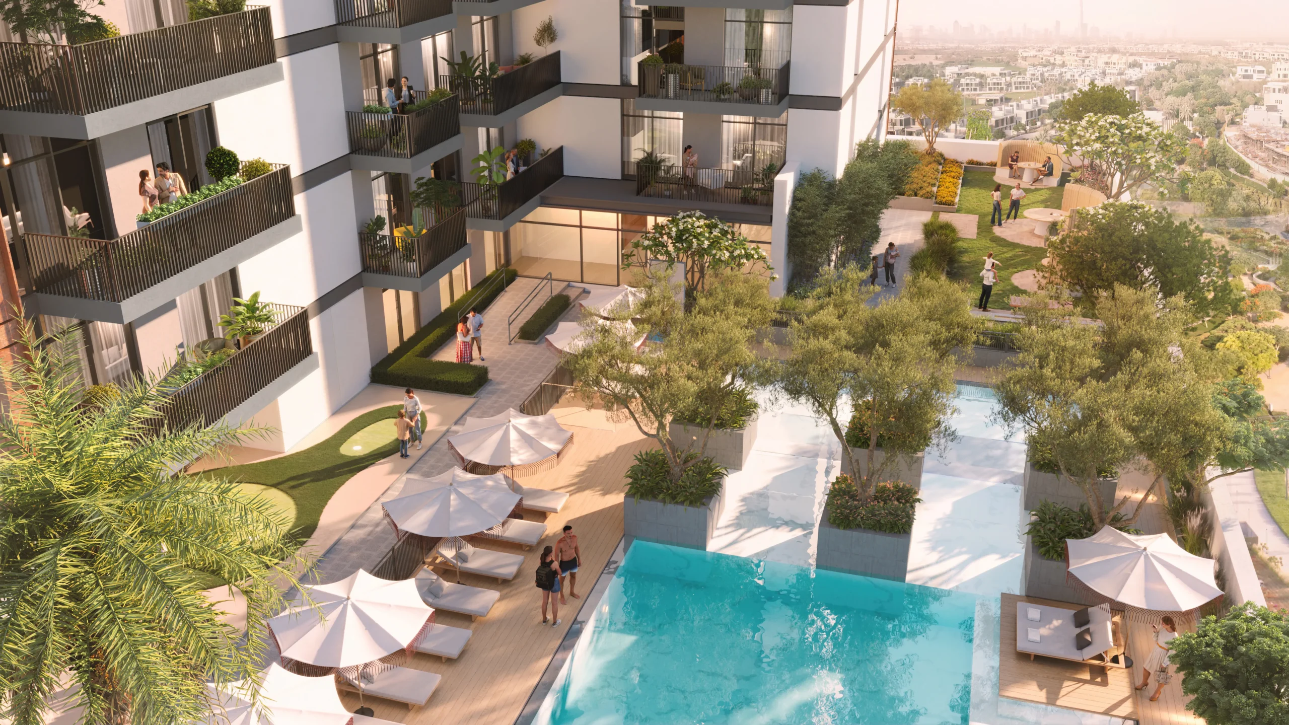 Outdoor swimming pool at a LEOS Dubai residential development